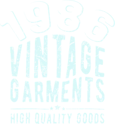 Thiết kế chữ '1986 Vintage Garments High Quality Goods' với phong cách retro, màu xanh nhạt trên nền xám.