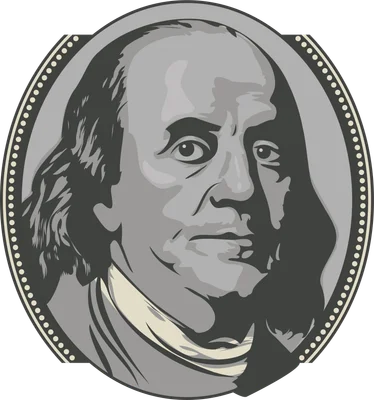 Hình minh họa chân dung Benjamin Franklin, giống với hình trên tờ tiền 100 đô la Mỹ, với phong cách đồ họa đơn giản.
