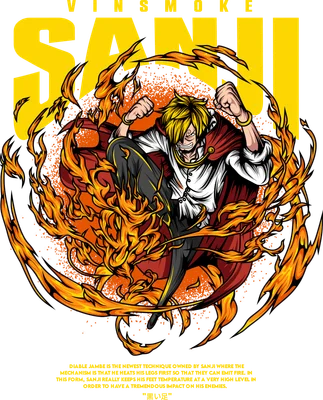 Hình ảnh nhân vật Sanji Vinsmoke từ One Piece với mái tóc vàng, mặc áo sơ mi trắng, quần đen, áo choàng đỏ, bao quanh bởi lửa.