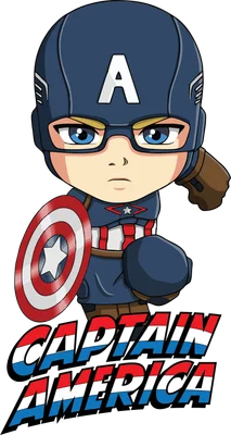 Hình vẽ chibi Captain America đội mũ, đeo kính, cầm khiên, mặc trang phục đặc trưng.