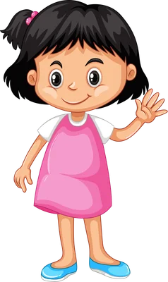Hình ảnh hoạt hình cô bé tóc đen, mặc váy hồng, áo trắng, đi giày xanh, đang vẫy tay.