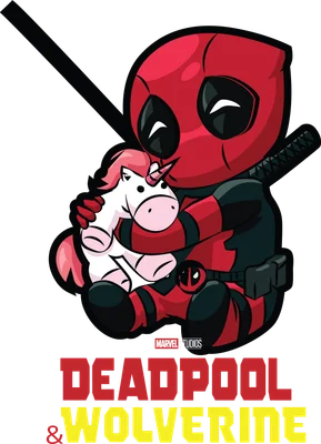 Hình vẽ chibi Deadpool ôm một chú kỳ lân màu hồng dễ thương, có logo Marvel Studios và chữ Deadpool & Wolverine.