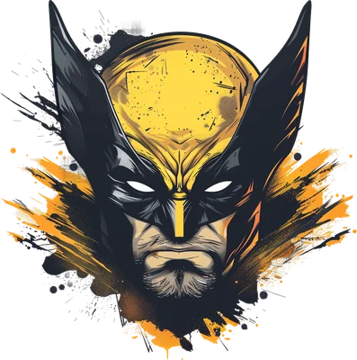Hình ảnh đầu Wolverine siêu anh hùng Marvel với mặt nạ vàng đen, xung quanh là các vệt sơn bắn màu vàng, cam và đen trên nền xám.