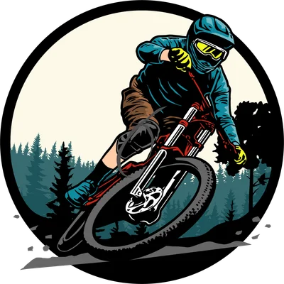 Hình vẽ vận động viên đua xe đạp địa hình downhill, đội mũ bảo hiểm, kính mắt, đang vào cua trên đường mòn với cây cối phía sau.