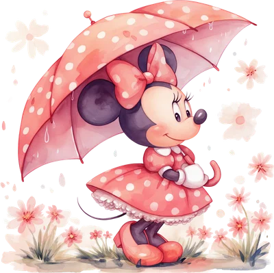 Minnie Mouse hoạt hình dễ thương che ô hồng chấm bi, đứng giữa những bông hoa trắng và hồng dưới mưa.