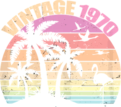 Hình ảnh bãi biển nhiệt đới với cây cọ, chim hồng hạc và dòng chữ "VINTAGE 1970" trên nền hoàng hôn nhiều màu.