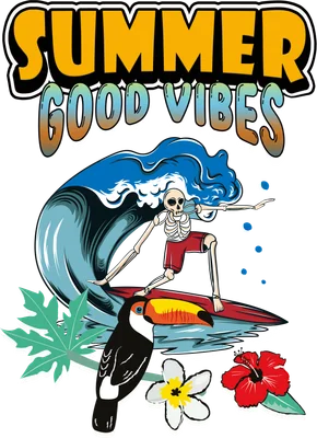 Hình ảnh bộ xương lướt sóng trên biển với chim Toucan và hoa nhiệt đới, chữ 'Summer Good Vibes'