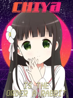 Hình ảnh cô gái anime với mái tóc đen dài, đôi mắt xanh lá to tròn, đeo hoa trắng cài tóc, trên nền retro màu tím và cam.