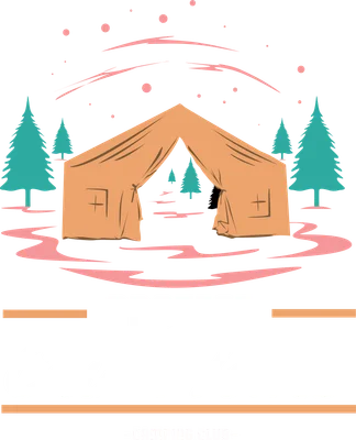 Hình ảnh minh họa một chiếc lều trại màu cam giữa rừng cây thông xanh, với dòng chữ 'PROTECT Our Home' và '-CAMPING CLUB-'