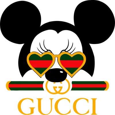 Hình ảnh chuột Mickey đeo kính hình trái tim màu vàng với sọc đỏ và xanh lá, cùng logo Gucci.