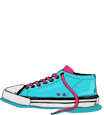 Hình ảnh minh họa giày sneaker màu xanh dương với dây giày hồng, kèm dòng chữ "First step is the hardest" màu trắng.