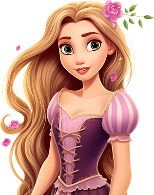 Hình ảnh công chúa Rapunzel tóc vàng dài, mắt xanh, mặc váy tím hồng, cài hoa hồng trên tóc, mỉm cười rạng rỡ.