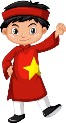 Hình vẽ hoạt hình một bé trai Việt Nam mặc áo dài đỏ có sao vàng, đội khăn đỏ, tay giơ cao thể hiện sự vui vẻ.