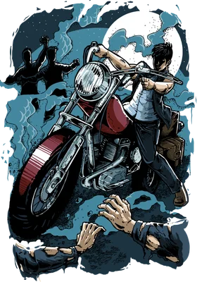 Hình minh họa chàng trai trẻ lái mô tô đỏ dưới trăng, bị zombie truy đuổi.