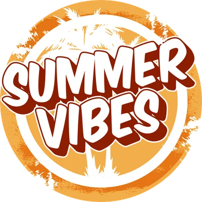 Hình tròn với chữ 'SUMMER VIBES' màu trắng viền nâu, nền cam có họa tiết cây cọ trắng, phong cách mùa hè.