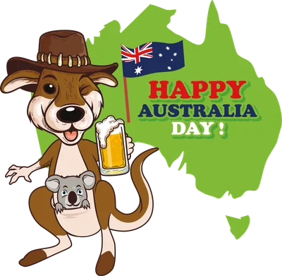 Hình minh họa kangaroo đội mũ, cầm bia, có koala con trong túi, trên nền bản đồ và cờ Úc, chữ Happy Australia Day.