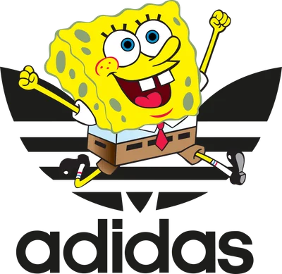 Hình ảnh SpongeBob SquarePants đang nhảy múa vui vẻ trên nền logo Adidas màu xám.