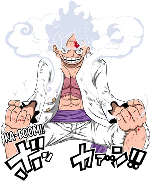 Hình ảnh Monkey D. Luffy trong trạng thái Gear 5, với mái tóc trắng bồng bềnh, biểu cảm cười tươi và chữ "Ka-Boom!!" cùng logo One Piece.