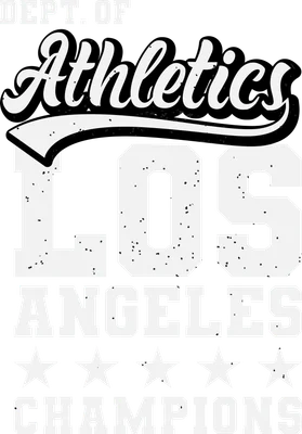 Thiết kế chữ phong cách retro thể thao với dòng chữ 'DEPT. OF Athletics LOS ANGELES CHAMPIONS' và 5 ngôi sao trên nền xám.