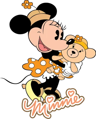 Hình ảnh Minnie Mouse hoạt hình dễ thương mặc váy chấm bi cam, đội mũ có hoa, đang ôm một chú gấu bông màu be.