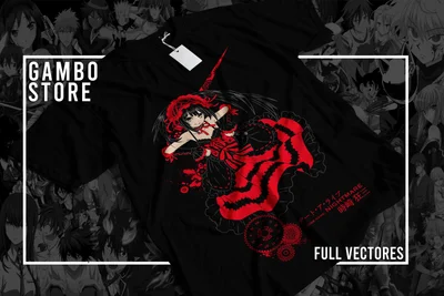 Hình ảnh cô gái anime tóc đen, mặc váy đỏ, phong cách gothic, trên nền áo thun đen.