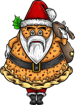 Hình minh họa nhân vật bánh Pizza mặc trang phục ông già Noel cầm túi quà, phong cách hoạt hình vui nhộn