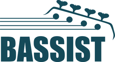 Logo chữ "BASSIST" cách điệu với hình ảnh đầu đàn bass màu xanh teal trên nền xám.