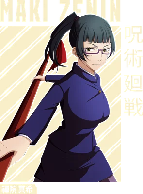 Hình ảnh nhân vật anime Maki Zenin từ Jujutsu Kaisen, mặc đồng phục, đeo kính, tóc đen buộc đuôi ngựa.