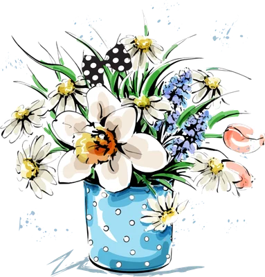 Bình hoa cúc, thủy tiên và tulip với chấm bi xanh, vẽ tay phong cách hoạt hình