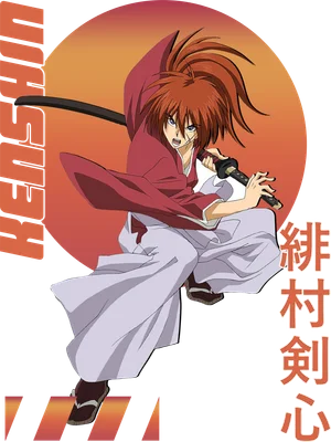 Hình ảnh Kenshin Himura, nhân vật anime với tóc đỏ, mặc áo đỏ và quần trắng, cầm kiếm.