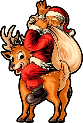 Ông già Noel vui vẻ vác túi quà cưỡi trên lưng chú tuần lộc đáng yêu