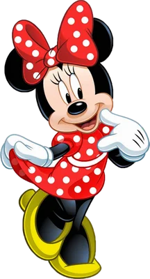 Hình ảnh nhân vật hoạt hình Minnie Mouse với váy đỏ chấm bi trắng và nơ đỏ, tạo dáng dễ thương.