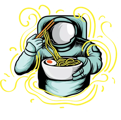 Minh họa phi hành gia đội mũ bảo hiểm dùng đũa ăn tô mì ramen lớn với trứng và sợi mì vàng, xung quanh là đường nét uốn lượn trên nền xám.