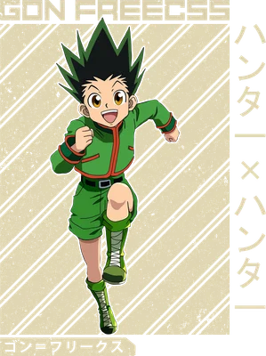 Hình ảnh nhân vật Gon Freecss từ Hunter x Hunter đang chạy, mặc trang phục xanh lá cây, với nền sọc xám và chữ tiếng Nhật.