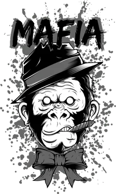 Hình ảnh khỉ đội mũ fedora, hút xì gà, đeo nơ bướm, với chữ MAFIA phía trên, phong cách đen trắng.