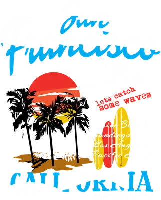 Thiết kế đồ họa chủ đề lướt sóng California với cây dừa, ván lướt và chữ typography phong cách mùa hè