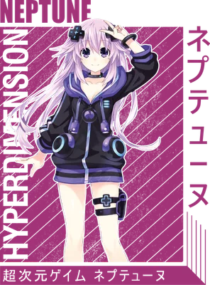 Hình ảnh cô gái anime tóc tím dài, mặc áo hoodie đen tím, giơ tay chữ V, nền xám tím.