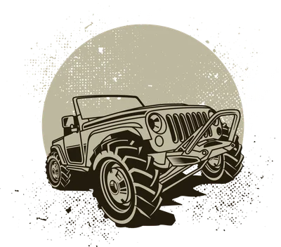 Hình vẽ xe Jeep địa hình màu đen trắng với bánh xe lớn, phía sau là hình tròn mờ ảo.