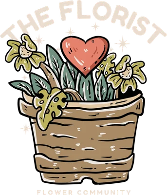 Hình vẽ chậu hoa với trái tim đỏ, có chữ "The Florist" và "Flower Community"