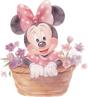 Minnie Mouse hoạt hình dễ thương với nơ hồng chấm bi, ngồi trong giỏ đầy hoa màu tím và hồng, phong cách màu nước.