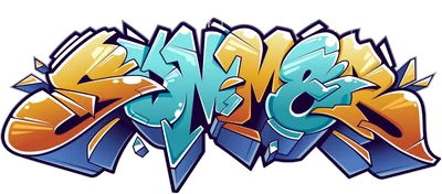 Hình ảnh graffiti chữ "SNEAKER" với phong cách 3D, màu xanh dương, vàng cam và viền đen, có ký hiệu "2020" phía trên.