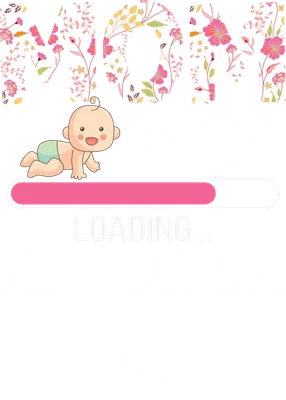 Hình ảnh minh họa mẹ bầu đang tải em bé với dòng chữ 'Mom to be loading please wait' và hình em bé, bàn chân em bé.