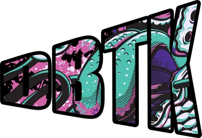 Chữ "DBTK" được thiết kế theo phong cách graffiti với các họa tiết trừu tượng, màu sắc nổi bật như hồng, xanh ngọc, tím và trắng.