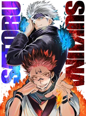 Hình ảnh hai nhân vật anime Sukuna và Gojo từ Jujutsu Kaisen, với Sukuna ở phía trước và Gojo ở phía sau, bao quanh bởi lửa và năng lượng xanh.