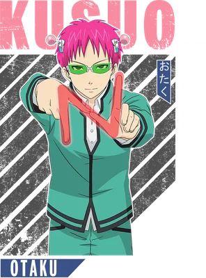 Nhân vật anime Saiki Kusuo với mái tóc hồng, đeo kính xanh lá, mặc áo khoác xanh lá, giơ hai ngón tay tạo hình chữ V.