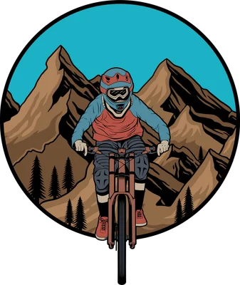 Hình vẽ minh họa một vận động viên đạp xe địa hình downhill với trang phục bảo hộ đầy đủ, đang di chuyển trên đường núi hiểm trở.