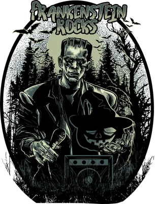 Hình ảnh Frankenstein cầm micro và bí ngô Halloween, với rừng cây và dơi trên nền trăng.