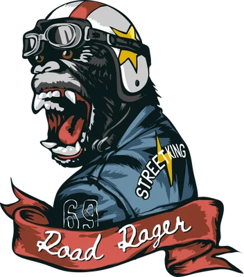 Hình minh họa khỉ đột biker đội mũ bảo hiểm, kính phi công, áo khoác da, miệng há to, có dải ruy băng chữ 'Road Rager'.