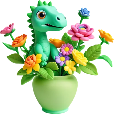 Hình ảnh 3D khủng long hoạt hình màu xanh lá cây đáng yêu ngồi trong bình hoa đầy màu sắc rực rỡ với nền xám.