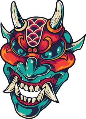 Hình minh họa mặt nạ quỷ Hannya Nhật Bản với màu sắc rực rỡ và đường nét sắc sảo